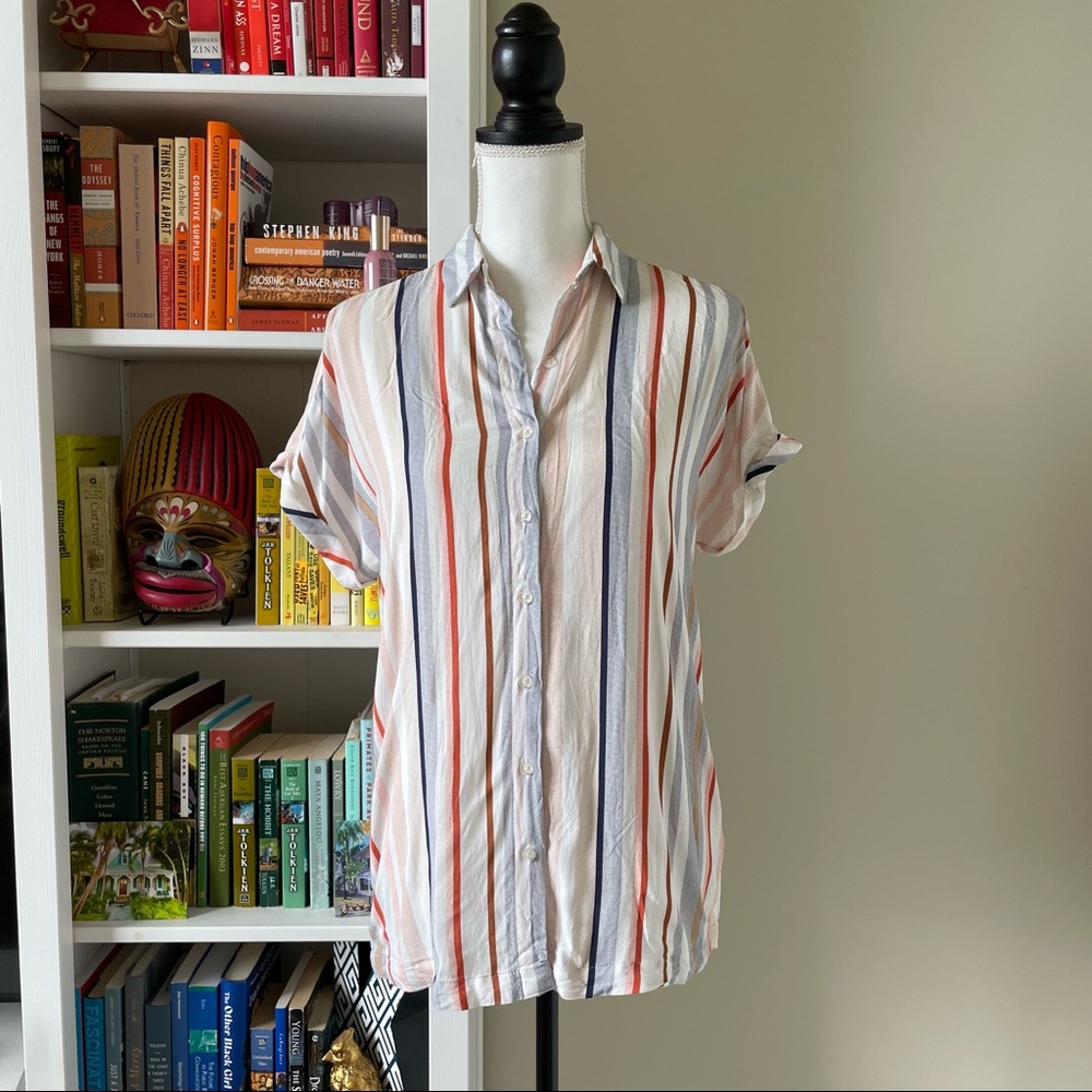 Lulu's White Striped Button-Down Shirt with Rust, Navy & Gray Stripes - Picture 5 of 5